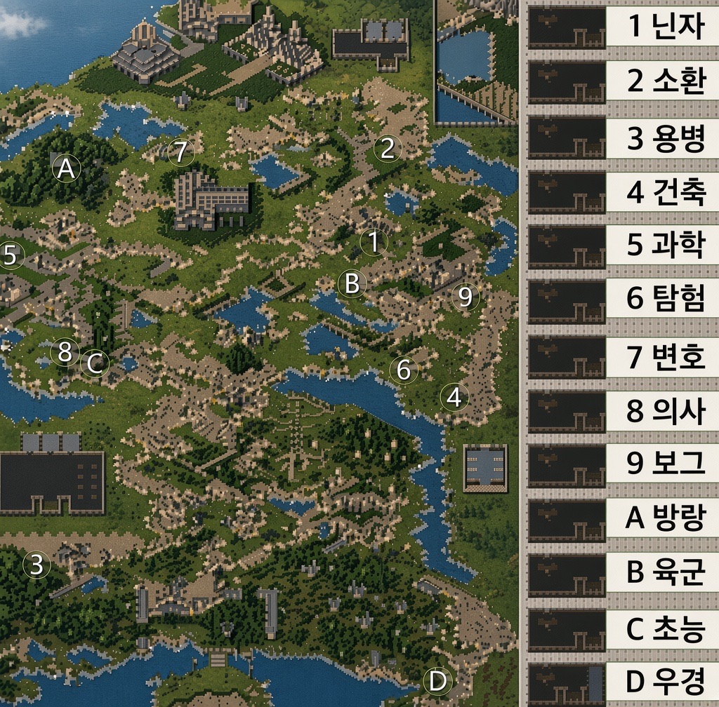 전직소 위치가 표시된 미니맵. 1 닌자, 2 소환사, 3 용병, 4 건축가, 5 과학자, 6 탐험가, 7 변호사, 8 의사, 9 사이보그, A 방랑자, B 육군, C 초능력자, D 우주경찰